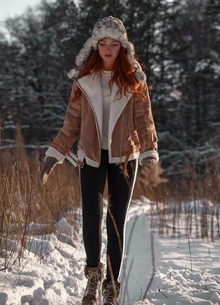 Бежева дублянка-авіатор шерсть на еко-замші7 фото