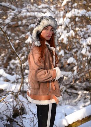 Бежева дублянка-авіатор шерсть на еко-замші6 фото