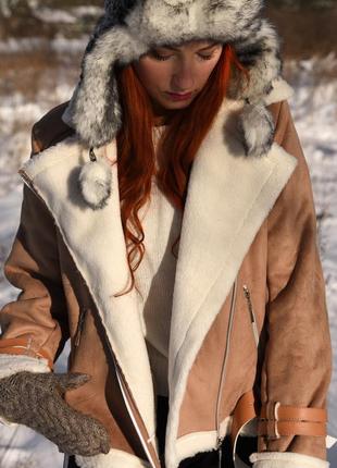 Бежева дублянка-авіатор шерсть на еко-замші3 фото