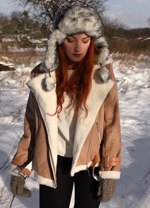 Бежева дублянка-авіатор шерсть на еко-замші2 фото