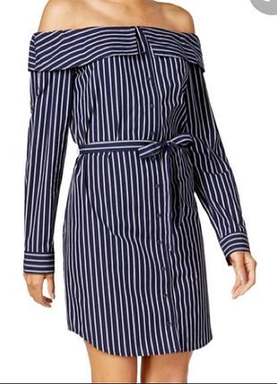 Сукня-сорочка з відкритими плечима в оксфордську рубашечную смужку l-xl