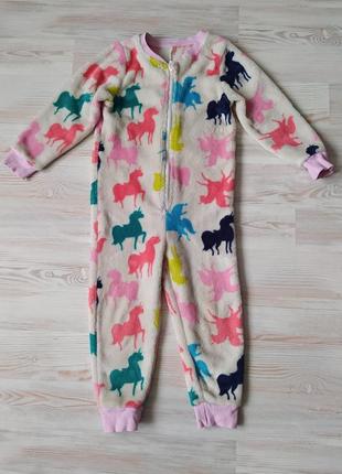 Теплый слип человечек пижама кигуруми поддева с разноцветными единорогами на 3-4года
