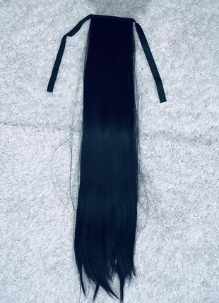 Довгий прямий хвіст,волосся,чорний парик/матовий колір4 фото