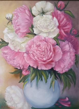 Картина маслом на холсте цветы пионы декор букет натюрморт подарок пейзаж арт масло