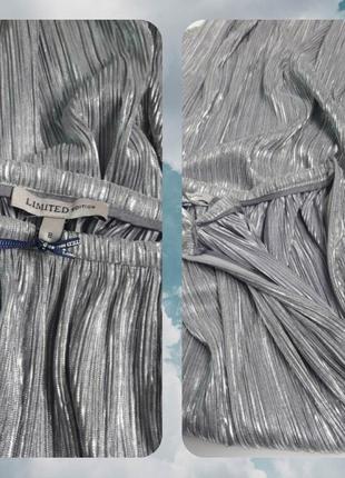 Плиссированная гафре плиссе юбка высокая посадка миди с эффектом металлик серебристая2 фото