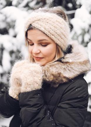 Мохерова пухнаста пов’язка мітенки в’язані рукавички тепла чалма набор вовна мохер