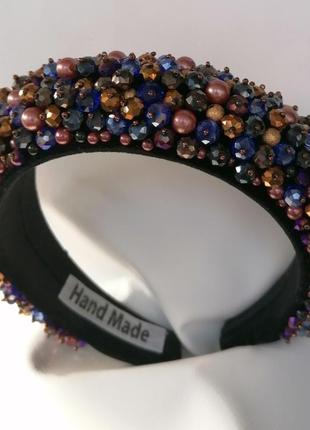 Разноцветный широкий объемный высокий обруч ободок для волос с бусинами стильный тренд