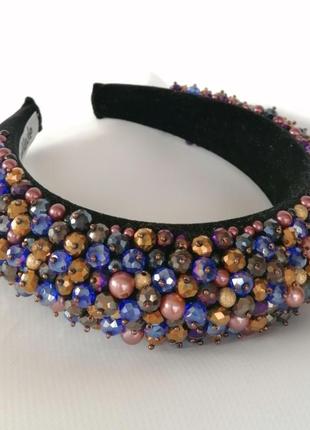 Разноцветный широкий объемный высокий обруч ободок для волос с бусинами стильный тренд