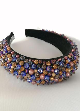 Разноцветный широкий объемный высокий обруч ободок для волос с бусинами стильный тренд