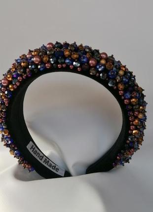 Разноцветный широкий объемный высокий обруч ободок для волос с бусинами стильный тренд