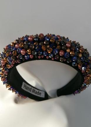 Разноцветный широкий объемный высокий обруч ободок для волос с бусинами стильный тренд
