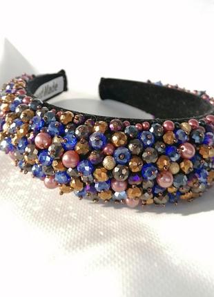 Разноцветный широкий объемный высокий обруч ободок для волос с бусинами стильный тренд