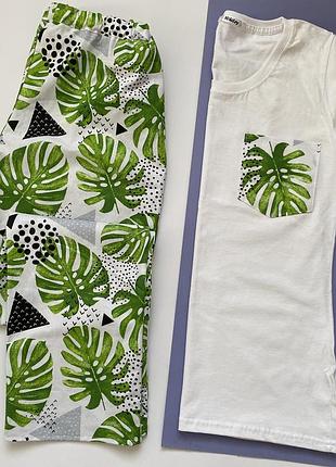 Підліткова доросла піжама з монстерою (трикотажна футболка та штани)