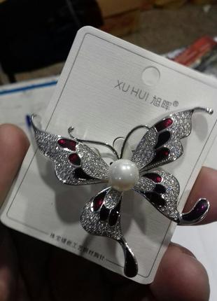 Брошка еліт метелик із "перловою" намистиною стрази емаль3 фото