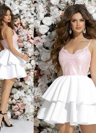 Шикарное праздничное платье плаття верх на бретельках с кружевом белая пышная юбка