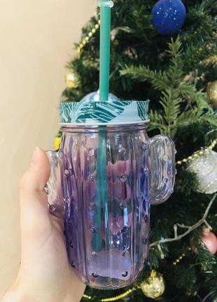 Банка-стакан для коктейлей с крышкой и трубочкой "кактус"