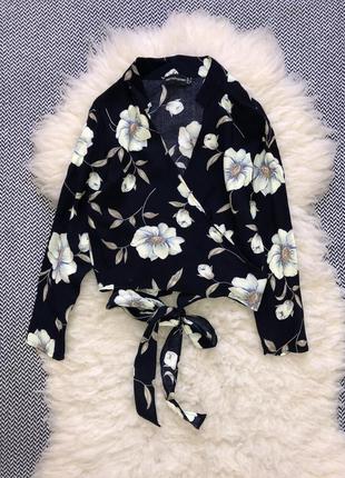 Блуза топ рукав 3/4 цветочный запах завязка цветы