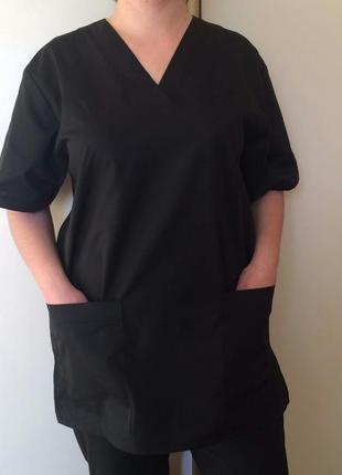 Чорний медичний костюм 44-56 розмір з тонкої тканини сорочкової