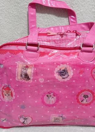 Розовая проклеенчатая большая сумка  с короткими ручками с фото котов собак think pink