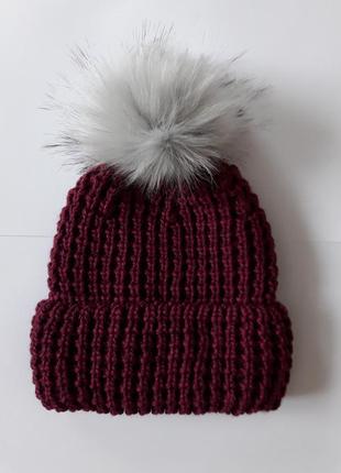 Тренд сезону!мега-тепла, напівкульована шапка грубого в'язання, з помпоном, на флісі,р54-581 фото