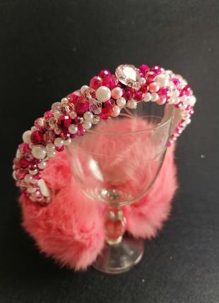 💖 яскраві рожеві теплі хутряні навушники з намистинами корона зимові хутряні вушка2 фото