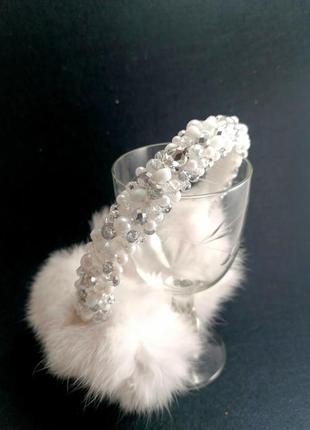 Білі хутряні теплі навушники з намистинами корона зимові хутряні вушка натуральний механізм3 фото