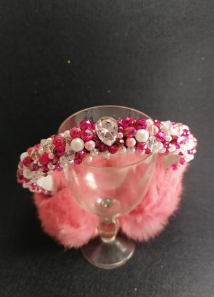 Рожеві теплі хутряні навушники з намистинами корона зимові хутряні вушка натуральне хутро1 фото