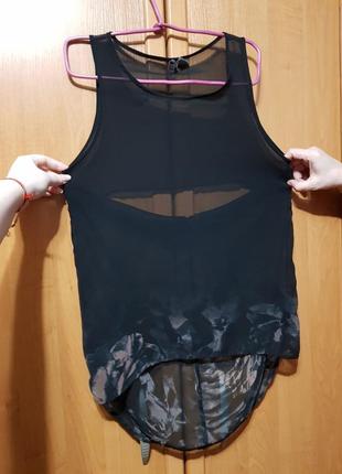 Красивая чёрная прозрачная майка с разрезом по спинке, легкая маечка, майка-блуза