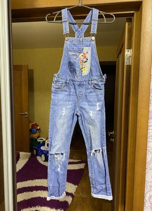 Детский джинсовый комбинезон на девочку 8-9 лет , 128-134 см, 68а