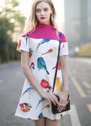 Платье розовое мини с птицами asos белое с принтом короткое летнее