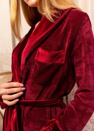 Пижама женская 093 укороченный халат и штаны плюшевая вязка с бархатом бордовый2 фото
