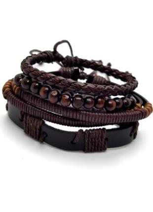 🤩🧔 набор мужских браслетов 4 шт эко-кожа и дерево фенечки