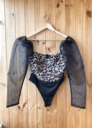 Боди с рукавами из органзы принт леопард крой стринги стретч