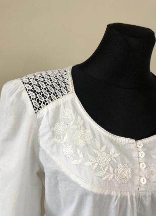 Блуза 42-44 белая хлопок вышивка кружево4 фото