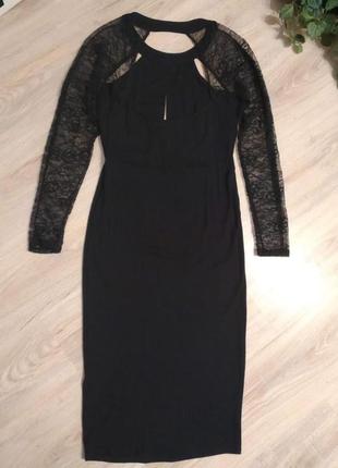 Крутое черное вечернее платье миди с гипюром5 фото