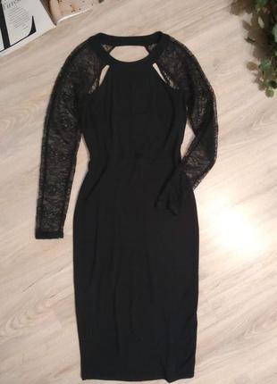 Крутое черное вечернее платье миди с гипюром9 фото