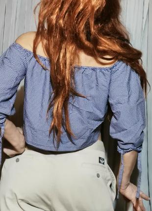 Блуза zara в клітку з віскози з відкритими плечима2 фото