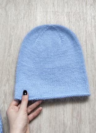 Нереальный вязаный комплект шапка бини + снуд пух норки голубого цвета hand made6 фото
