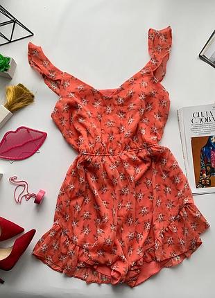 👗розовый комбинезон с шортами в цветах рюши/красно-розовый воздушный комбез с цветами👗