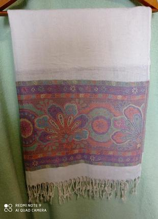 Кашемировый белый палантин большой шарф с цветами разноцветный  пашмина шаль накидка кашемир кашемір3 фото