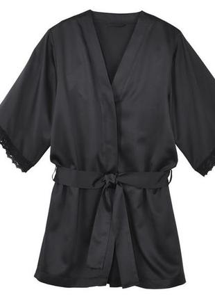 Шелковый халат-кимоно женский черный с круживом esmara m,l