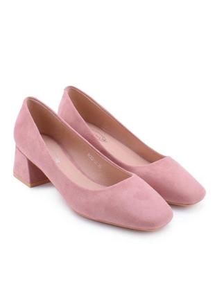 Стильні рожеві пудра замшеві туфлі на широкому стійкому каблуці