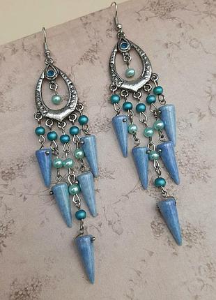 Серьги подвески ручн работа длинные серёжки бохо этно бижутер boho голуб восточ
