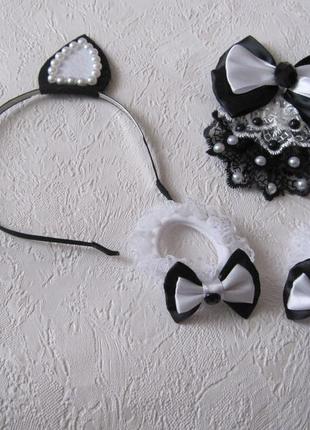 Набор: обруч/ободок, ушки, брошь-жабо, пара резинок - лапки на ручки кошечки