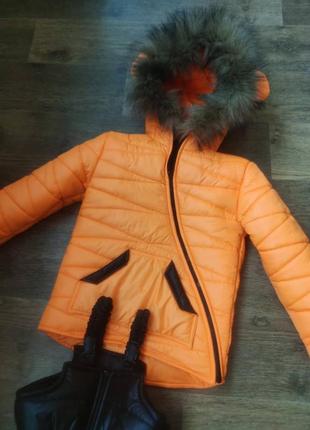 Дитячий зимовий комбінезон оранжовий счерними штанами2 фото