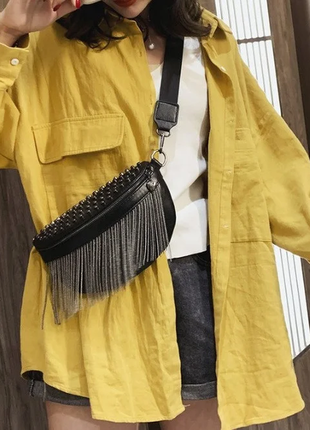 Женская черная стильная кожаная жіноча шкіряна сумка бананка женский клатч сумочка4 фото