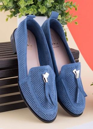 Стильные синие замшевые туфли лоферы балетки мокасины с перфорацией
