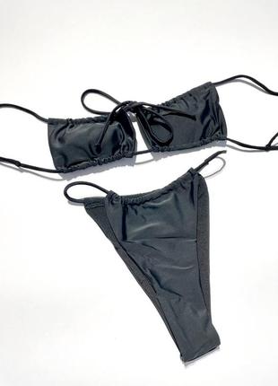 Черный слитный купальник на завязках шторка бикини3 фото
