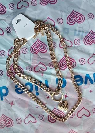 Ожерелье колье цепочка двойная золотистая с подвеской сердце3 фото