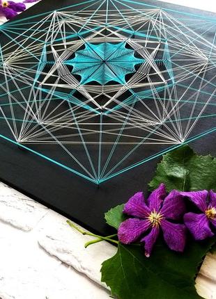 Стринг арт кристал, сакральна геометрія, чорний декор, бірюза панно3 фото